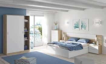 Pack Dormitorio Completo Alaya Color Blanco Y Roble Para Camas 150 Cm (cama+cabecero+2 Mesitas+armario+sinfonier)