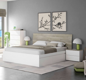 Pack Dormitorio Matrimonio Estilo Moderno Color Blanco Y Roble Camas 150 Cm (cama+cabecero+mesitas+cómoda)