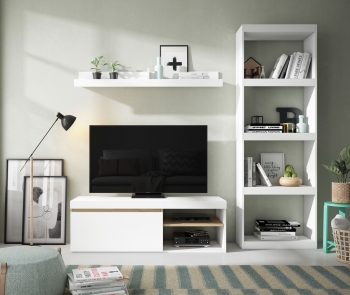 Mueble De Salón Comedor Color Blanco Mate Y Naturale Moderno Nórdico Muebles (mesa Tv + Estante + Librería)