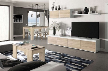 Muebles Para Salón Completo Color Blanco Y Roble Canadian (mueble Modular + Mesa Centro + Mesa Comedor)