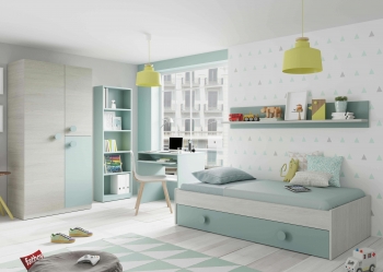 Pack Muebles Habitación Juvenil Snuba Dormitorio Completo Verde Y Blanco Moderno (un Somier Incluido)