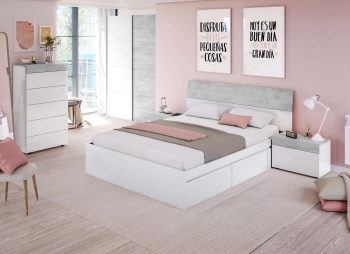 Muebles Dormitorio Matrimonio Completo Color Blanco Y Cemento (cama + Cabecero + Cómoda + Armario) Somier Incluido