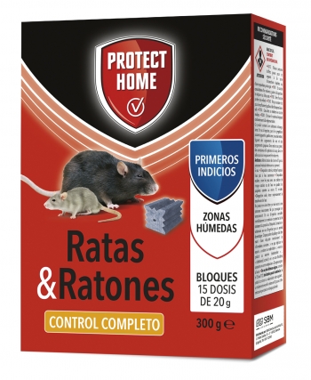Protect Home Raticida En Bloques De Alta Eficacia Y Atracción, Zonas Humedas. Ratas Y Ratones, 15 X 20gr. (300gr, Rojo, 300 G
