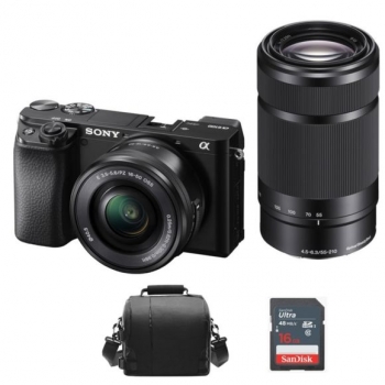 Sony A6100 Black Kit Selp 16-50mm F3.5-5.6 Oss Black + Sel 55-210mm F4.5-6.3 Oss Black + Camera Bag + 16gb Sd Card