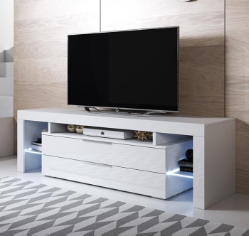 Mueble Tv 2 Cajones 2 Estantes – Blanco Acabado En Brillo Led 16 Colores – 160 X 53 X 35cm – Selma