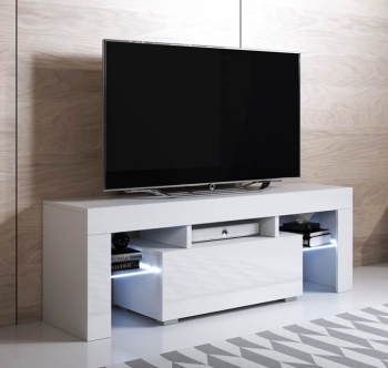 Mueble Tv 1 Cajón 2 Estantes - Blanco Acabado En Brillo Led 16 Colores - 130 X 45 X 35cm - Elio