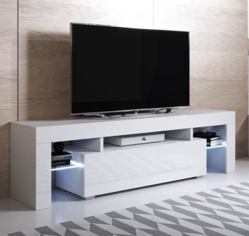 Mueble Tv 2 Cajones 2 Estantes – Blanco Acabado En Brillo Led – 160 X 45 X 35cm – Unai