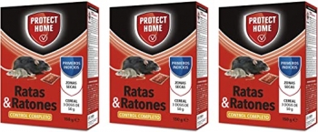Protect Home Raticida Mata Ratas En Cereal De Alta Eficacia Y Poder De Atracción Para Zonas Secas. Ratas Y Ratones-3 X 50gr (150gr) - Pack De 3 Unidades, Rojo