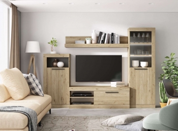 Mueble De Tv Salón Comedor Rustik Modular Estilo Moderno Color Naturale Y Pizarra 258x186x42 Cm