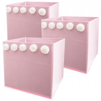 Set De 3 Cajas De Almacenamiento Con Pompones Wellhome 29x29x29 Cm Rosa