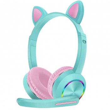 Smartek Auriculares Inalámbricos Smartek Con Micrófono Integrado,luz Led Y Articulado Orejas De Gato Azul Claro-rosa