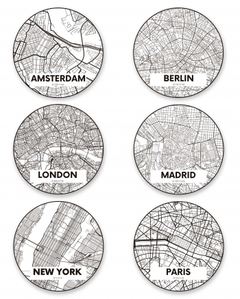 Panorama Pack De 12 Posavasos Vinílicos Mapas De Ciudades 10x10cm - Posavasos Originales - Protección Para Mesas Y Superficies - Impermeable, Fácil De Limpiar Y Antideslizante