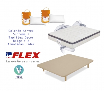 Colchon Flex Airvex Supreme 150x200 + Tapiflex Beige Con Patas +  2 Almohadas Hipoalergénicas