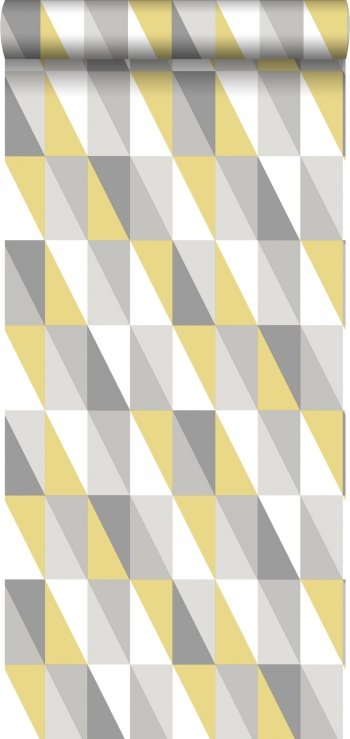 Papel Pintado Estahome Triángulos Gráficos Amarillo Ocre Y Gris - 138921 - 53 Cm X 10