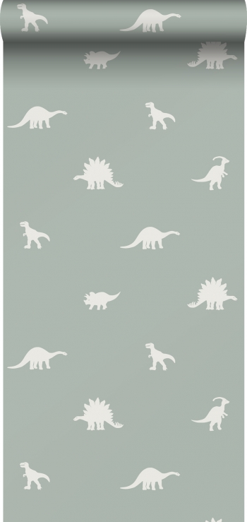 Papel Pintado Estahome Dinosaurios Verde Menta Agrisado - 139284 - 53 Cm X 10,05 M
