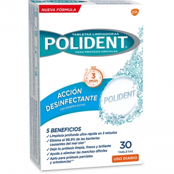 Tabletas limpiadoras para prótesis dentales acción desinfectante con oxígeno activo Polident 30 ud.