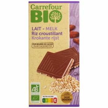 Chocolate con leche y arroz crujiente ecológico Carrefour Bio 100 g.