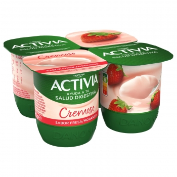 Yogur bífidus cremoso de fresa barriga sana Danone Activia sin gluten pack de 4 unidades de 115 g.