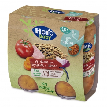 Tarrito de verduras con lentejas y jamón desde 10 meses Hero Baby sin gluten pack de 2 unidades de 235 g.
