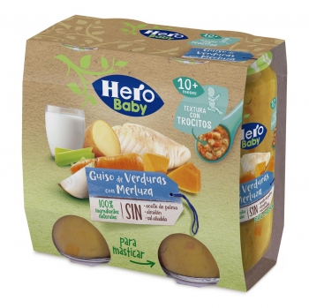 Tarrito guiso verduras con merluza desde 6 meses Hero Baby sin aceite de palma pack de 2 unidades de 235 g.
