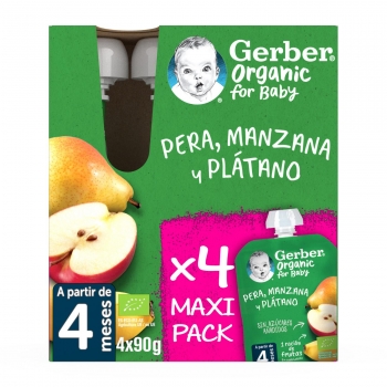 Bolsita de pera, manzana y plátano desde 4 meses ecológico Gerber sin gluten y sin azúcar añadido pack de 4 unidades de 90 g.