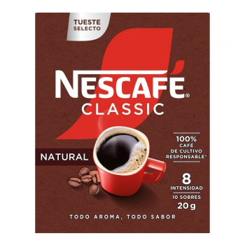 Café soluble natural en sobres classic Nescafé 10 unidades de 2 g.