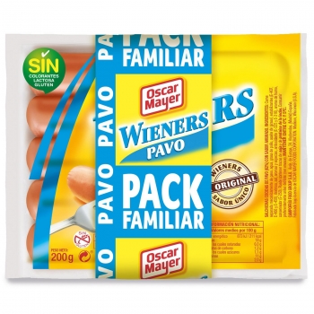 Salchichas de pavo Wieners Oscar Mayer sin gluten y sin lactosa pack de 3 unidades de 200 g.