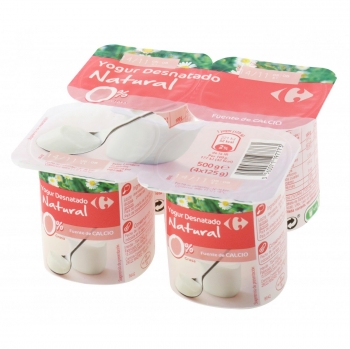Yogur desnatado natural Carrefour sin gluten pack de 4 unidades de 125 g.