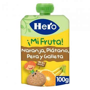 Bolsita de naranja, plátano y galleta Hero Mi Fruta sin aceite de palma 100 g.