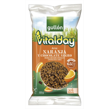 Tortitas de arroz naranja y chocolate negro Vitalday Gullón sin gluten 120 g.