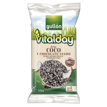 Tortitas de arroz coco y chocolate negro Vitalday Gullón sin gluten 117,6 g.