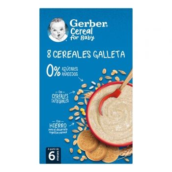 Papilla infantil desde 6 meses 8 cereales galletas Gerber sin azúcar añadido 475 g.