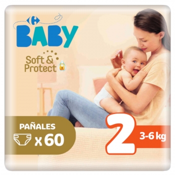 Pañales Carrefour Baby soft&protect Talla 2 (3-6 kg) 60 ud.
