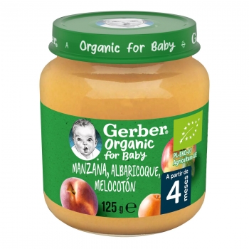 Tarrito de manzana, albaricoque y melocotón desde 4 meses ecológico Gerber sin gluten 125 g.
