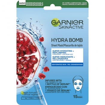 Mascarilla facial de tela Hydra Bomb hidratante revitalizante con ácido hialurónico y granada antioxidante SkinActive Mask Tissu Garnier 1 ud.