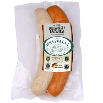 Dúo selección salchichas tipo Bockwurst y Bratwurst Casa Westfalia sin gluten y sin lactosa 180 g.