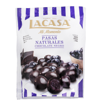 Pasas recubiertas de chocolate negro Lacasa sin gluten doy pack 150 g.