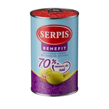 Aceitunas verdes rellenas de anchoa 70% menos de sal Benefit Serpis sin gluten y sin lactosa 130 g.