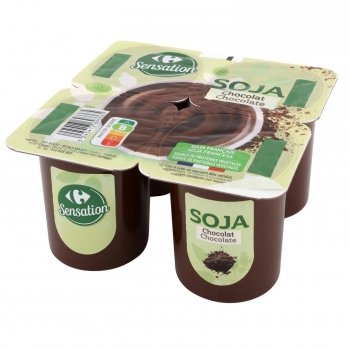 Postre de soja de chocolate Carrefour Sensation sin gluten pack de 4 unidades de 100 g.