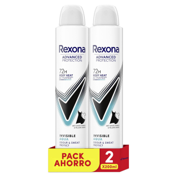 Desodorante en spray invisible aqua Rexona pack de 2 unidades de 200 ml. 2 x 200 ml