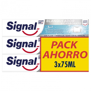 Dentífrico blanqueador bicarbonato Signal pack de 3 unidades de 75 ml.