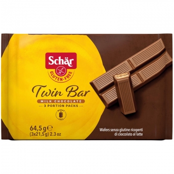 Barrita de galleta crujiente cubierta de chocolate Twin Bar Schar sin gluten 64,5 g.
