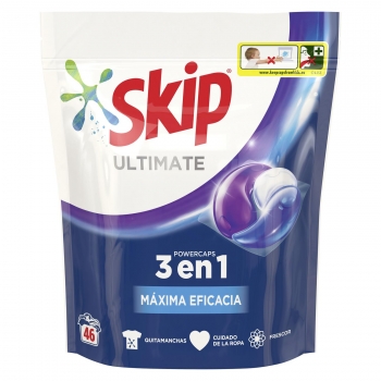 Detergente en cápsulas máxima eficacia acción 3 en 1 poder quitamanchas Ultimate Skip 46 lavados.