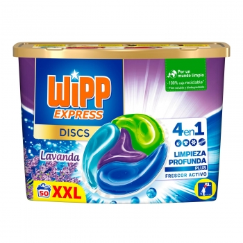 Detergente en cápsulas 4 en 1 limpieza profunda plus frescor activo lavanda Discs Wipp Express 50 ud.