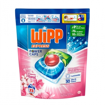 Detergente en cápsulas limpieza profunda fragancia floral Power Caps Wipp Express 33 ud.