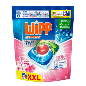 Detergente en cápsulas limpieza profunda fragancia floral Power Caps Wipp Express 55 ud.