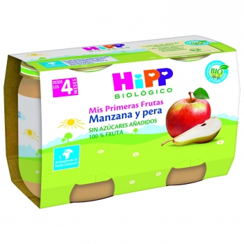 Tarrito manzana y pera desde 4 meses sin azúcar añadido ecológico HiPP sin gluten y sin lactosa pack de 2 unidades de 125 g.