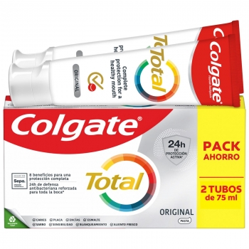Dentífrico original 24h de protección completa Total Colgate pack de 2 unidades de 75 ml.