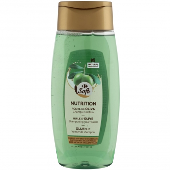 Champú nutritivo aceite de oliva para cabellos secos o encrespados Carrefour Soft 400 ml.