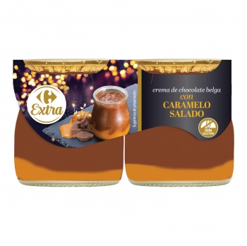 Postre de crema de chocolate belga con caramelo salado Carrefour Extra sin gluten pack de 2 unidades de 135 g.